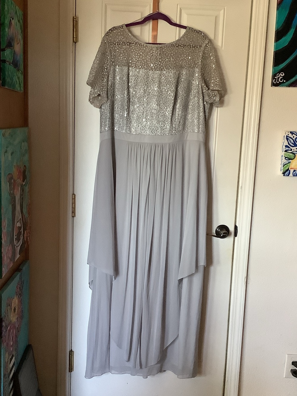 Woman Alex Evenings Silver Sequin Chiffon Evening Dress - Elegant Women's Gown